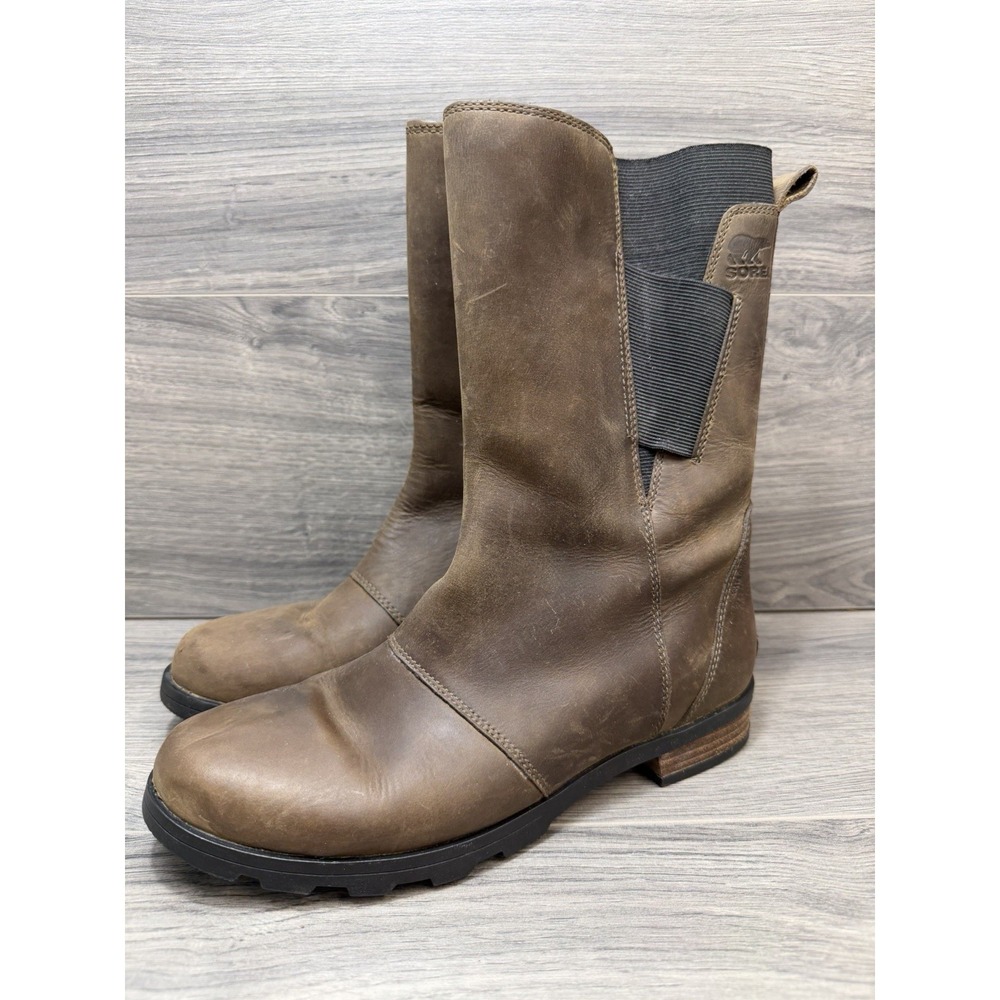 Sorel Emelie Mid-Calf Boots Womens 8.5 Waterproof Leather Pull On Lug Sole Brown